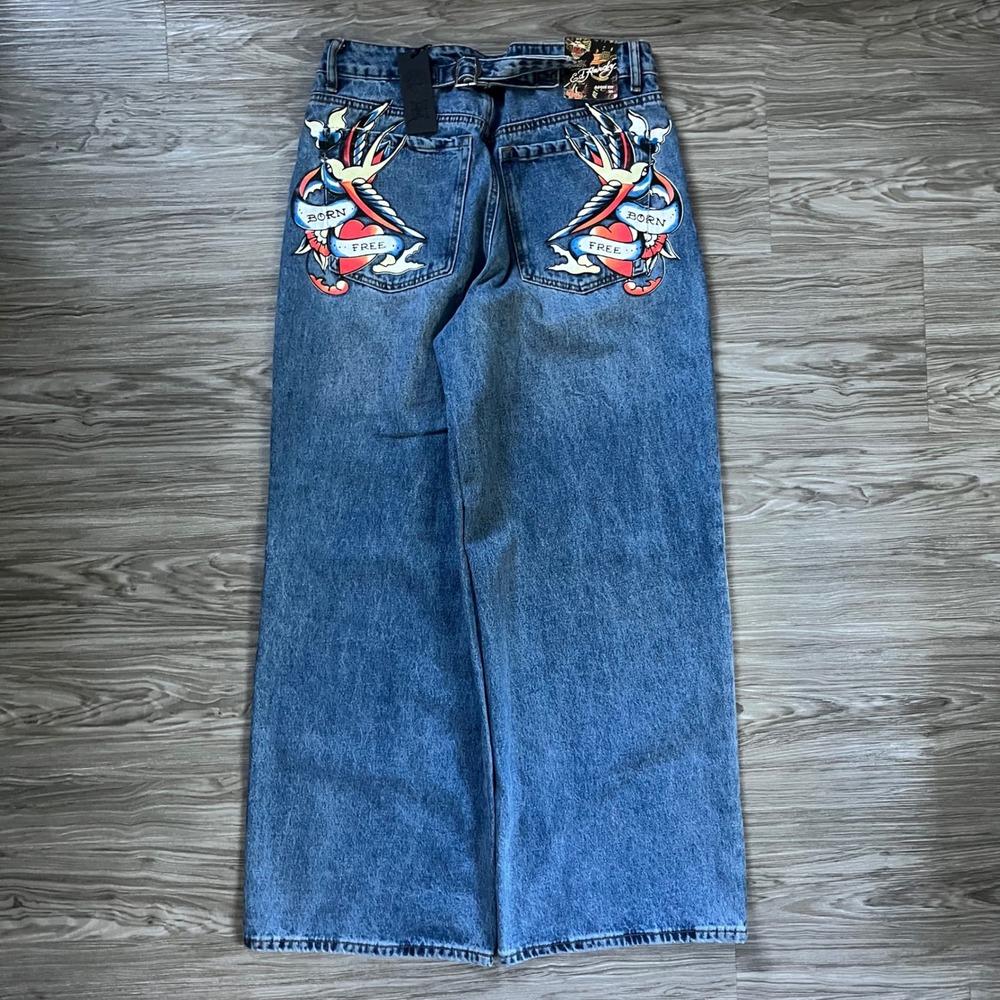 Ed Hardy Mens Loose Fit Retro Medium Wash Born Free Tattoo Jeans WEHD8500-2 32